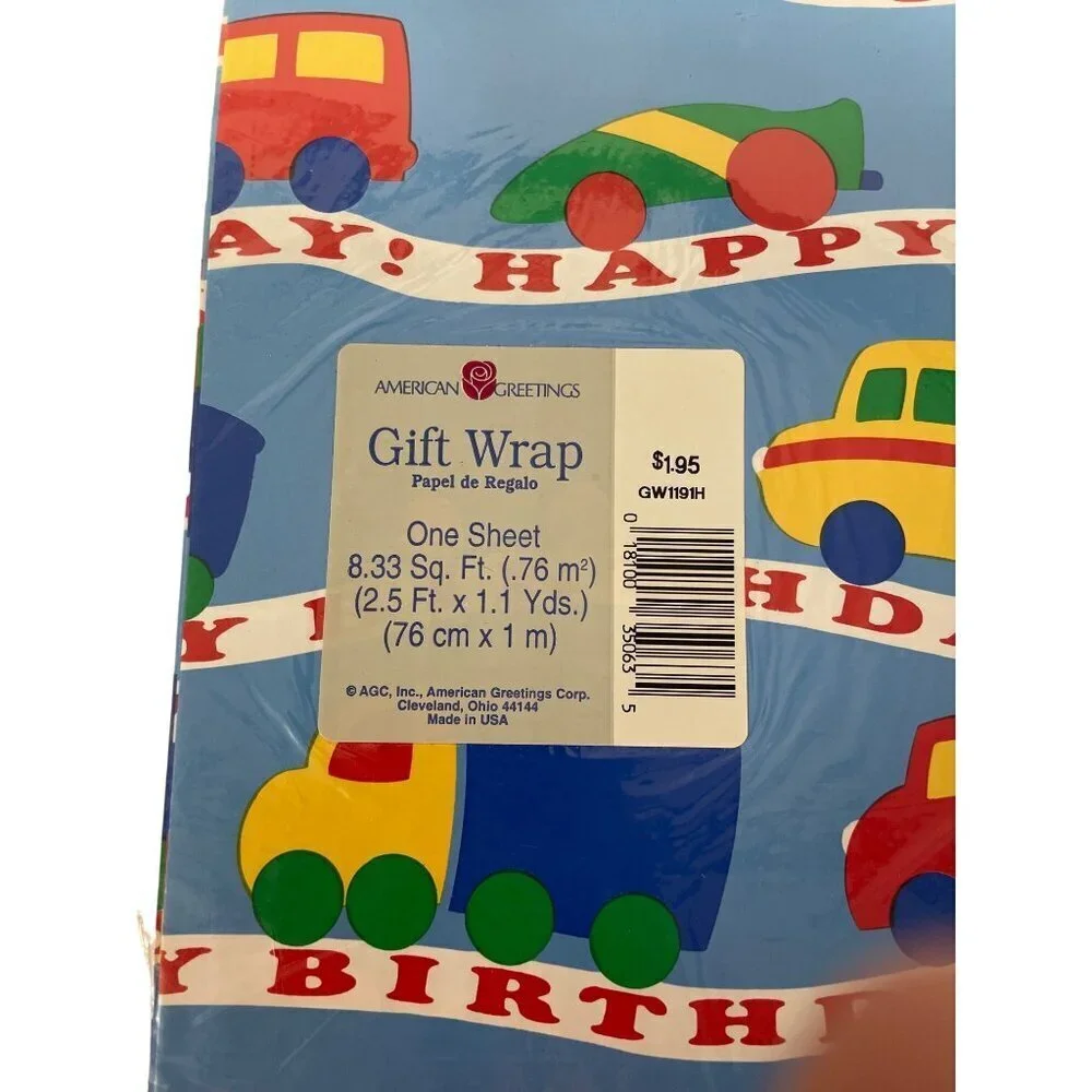 Gift Wrap Paper Happy Birthday‎ Cars Bus Trucks Multicolors USA Vintage